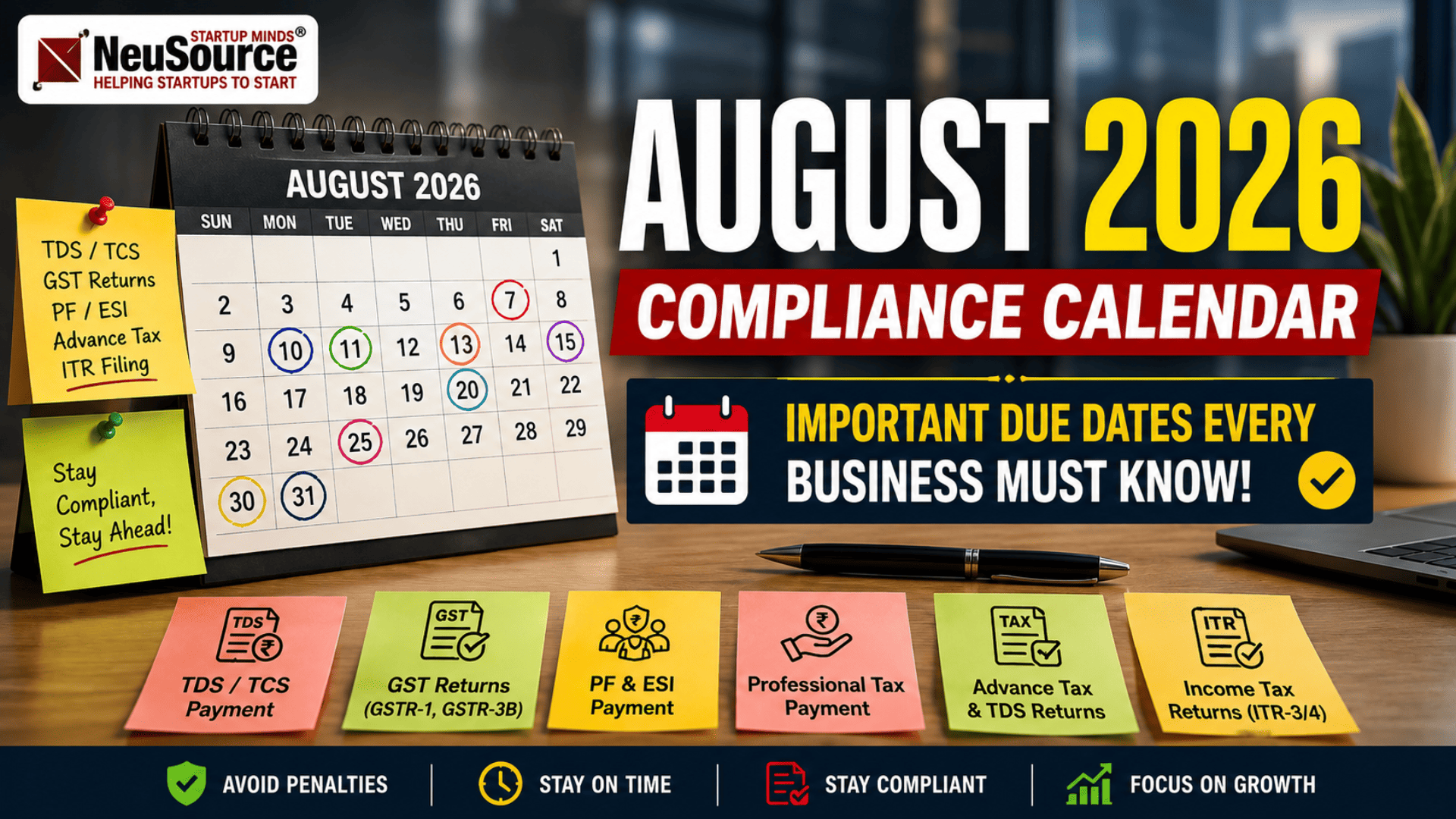 August 2026 Compliance Calendar: GST, TDS, ITR, PF & ESI Due Dates
